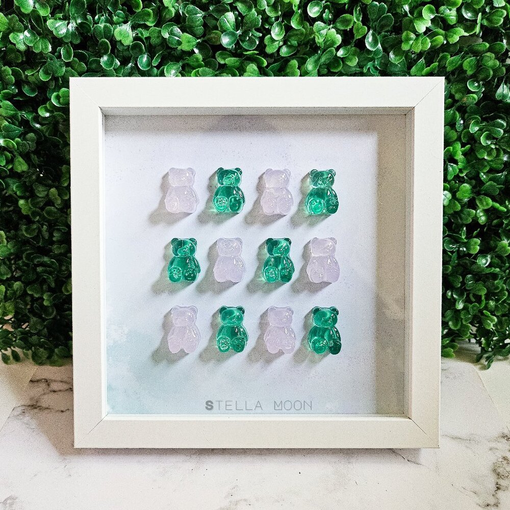Gummy Bear Wall Art, 3D Candy Pop Art Shadowbox, White Frame 8x8 Resin Artwork